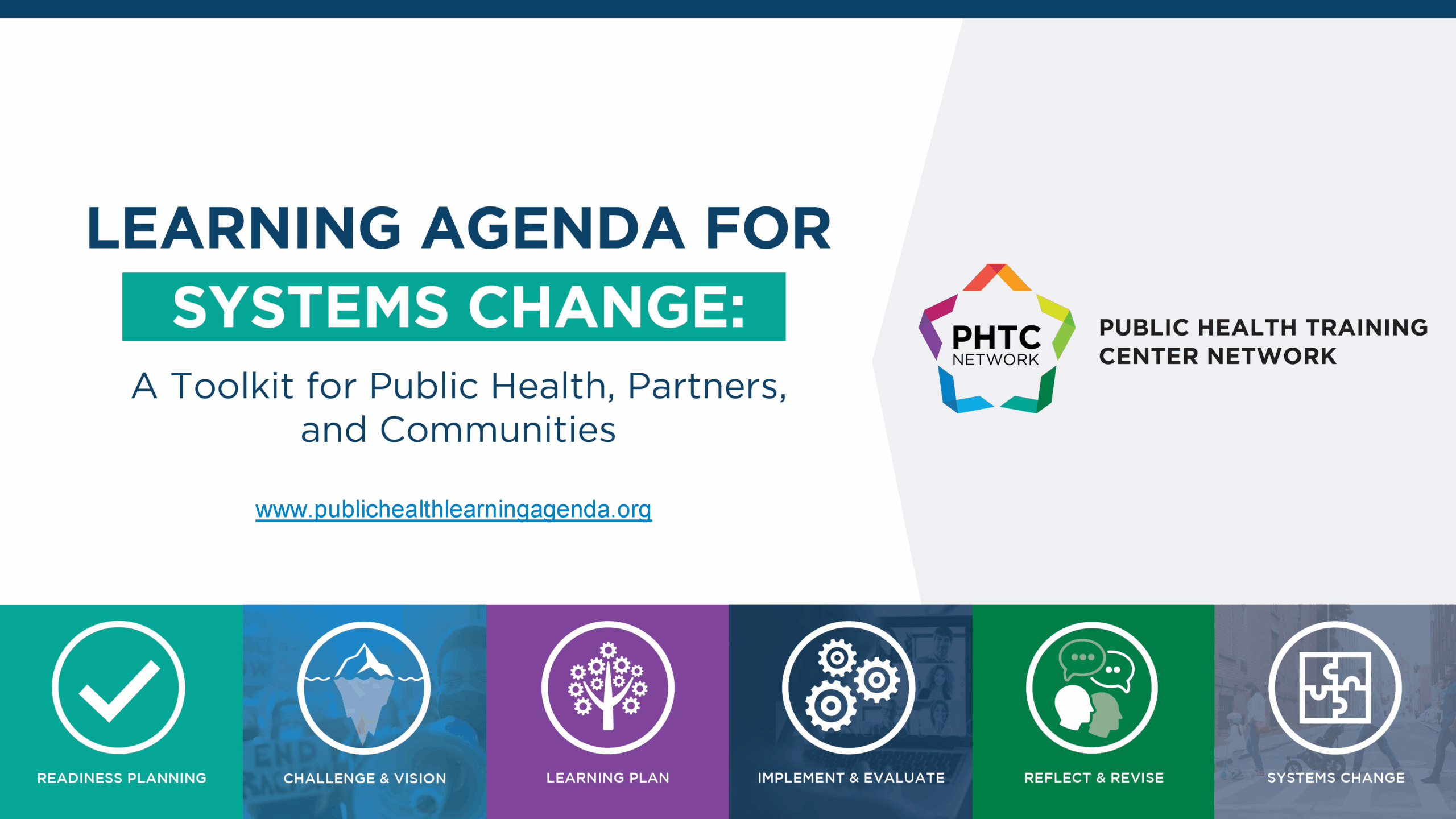 Title slide for the webinar "Learning Agenda for Systems Change: A Toolkit for Public Health, Partners, and Communities." Includes the URL www.publichealthlearningagenda.org and the Public Health Training Center Network logo featuring a colorful pentagon. Six circular icons at the bottom represent toolkit stages: Readiness Planning (checkmark), Challenge & Vision (iceberg), Learning Plan (tree), Implement & Evaluate (gears), Reflect & Revise (speech bubbles), and Systems Change (puzzle pieces).